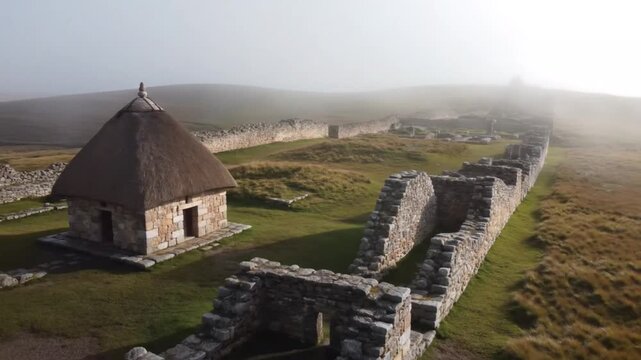 Whispers of history in a Scottish Broch village enveloped in mist as ancient stones speak of time gone by Aerial view