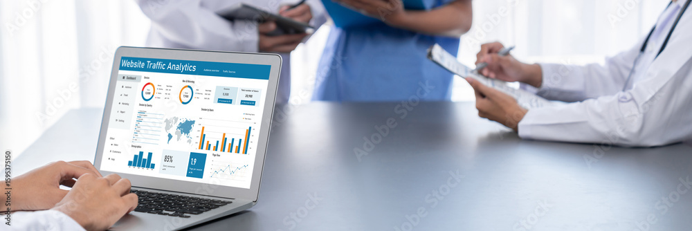 Poster computer software for website traffic analytics data on computer screen. concept of seo search engin