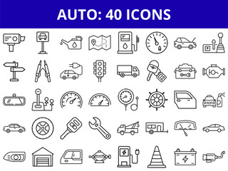 Auto icons collection featuring vehicles, tools, and symbols for transportation  