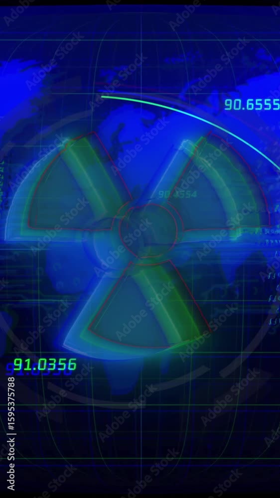 Canvas Prints animation of nuclear symbol overlay on digital world map with glowing numbers