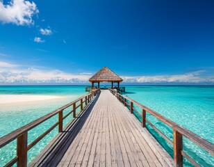 Fototapeta premium a tranquil tropical beach with white sand turquoise water and a thatched roof pavilion at the end of a pier concept of seaside serenity