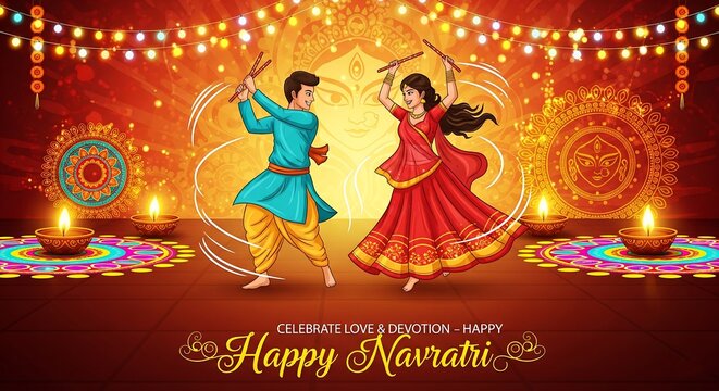 Couple dancing garba during navratri festival celebration with decorative lights and diyas - Powered by Adobe