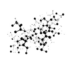 A complex molecular structure with black spheres connected by lines against a white background in monochrome style