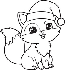 Obraz premium Chibi-style cartoon fox with Santa hat, fluffy tail, sitting and smiling, holiday coloring page design, no colors,