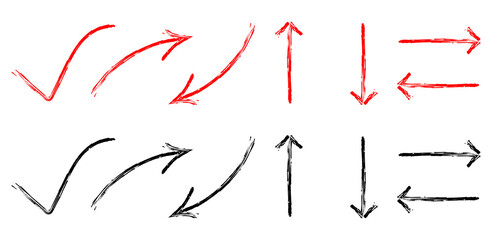 Collection of red and black direction arrows pointing different ways isolated on transparent background