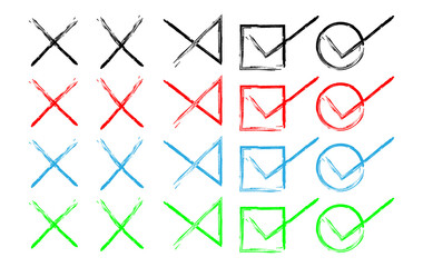 Various colored cross marks and check marks in a grid isolated on transparent background
