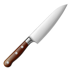 Realistic stainless steel kitchen knife with wooden handle, isolated on transparent background.