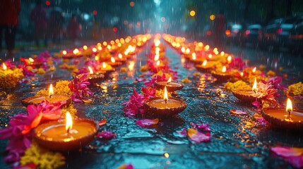 Rainy Night's Illumination: A Serene Path of Candles and Flowers