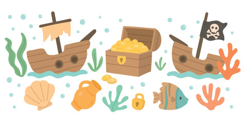 Pirate shipwreck with treasure chest, gold coins, fish, and coral in a fun cartoon scene, ideal for adventure maps and kids storytelling art.