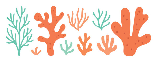 Colorful coral reef branches in orange and teal form a flat ocean plant set, ideal for sea life infographics, backgrounds, or children’s books.