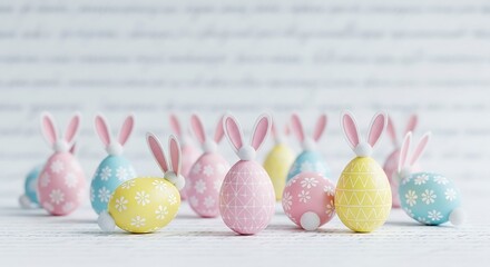 Pastel Easter eggs with bunny ears; cheerful spring holiday design.