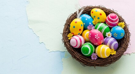 Vibrant Easter eggs nestled in a rustic bird's nest, pastel background, festive spring mood.