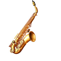 Saxophone with golden brass shine and floating musical symbols, transparent background.