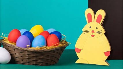 Colorful Easter Eggs in Rustic Basket with Yellow Bunny Rabbit, Teal and Brown Background