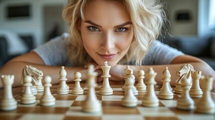 Blonde Woman Concentrated on Chess Game