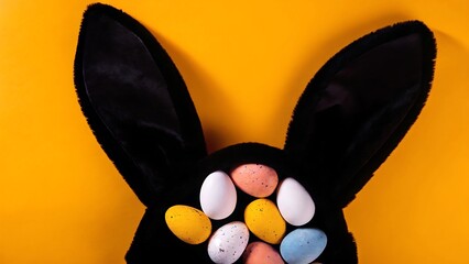 Black Bunny Ears Frame Colorful Easter Eggs Vibrant Yellow Background Festive Spring Holiday Design