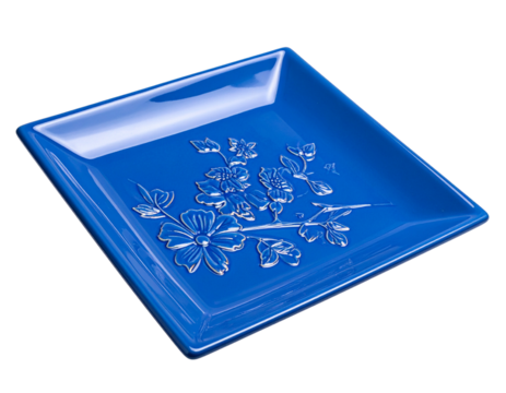 Angled Side View of Blue Relief-Embossed Floral Tile with Glossy Glaze, PNG