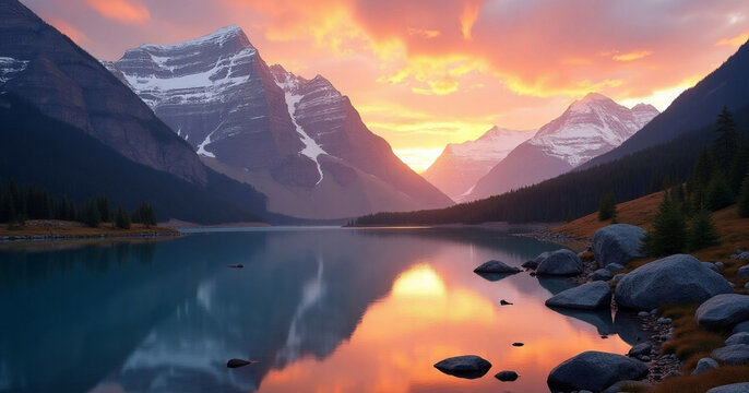 AI generated sunrise mountain landscape with no recognizable properties or people.