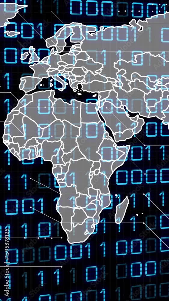 Poster overlaying binary code, world map illustrating global digital connectivity animation