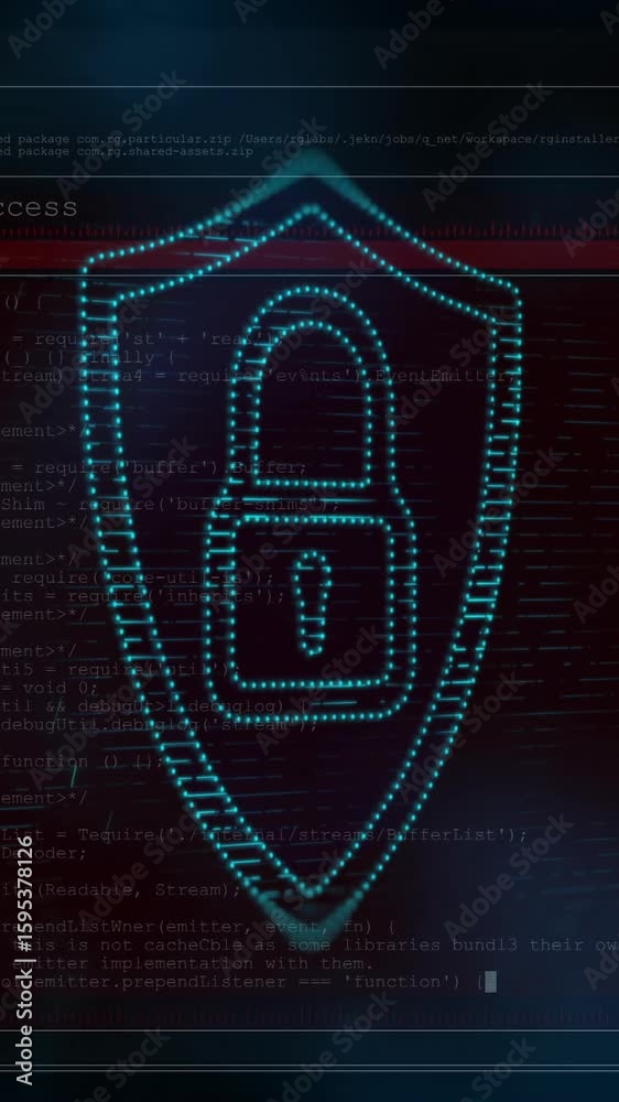 Poster animation of digital lock icon on computer terminal with security data in school