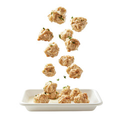 Crispy Fried Chicken Bites with Herbs in a White Dish, Perfect for Snacking or Sharing on transparent background