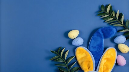 Easter Bunny Ears, Pastel Eggs, Blue Background, Springtime Flatlay, Minimalist Design, Festive Decor