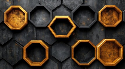 Abstract Hexagon Shelves: Gold and Black Geometric Design