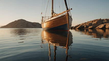Sailboat on Calm Sea with Rocky Coastline at Sunset
