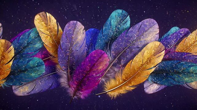 Vibrant feathers create a stunning visual display with colorful patterns and shimmering details in a whimsical setting. close up feathers
