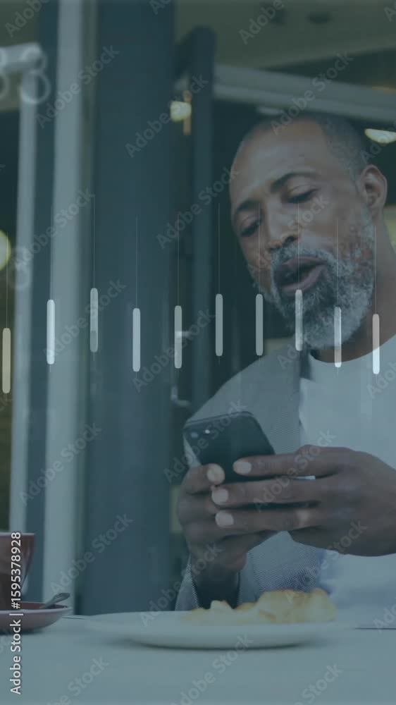 Aufkleber man using smartphone at cafe with data processing animation overlay