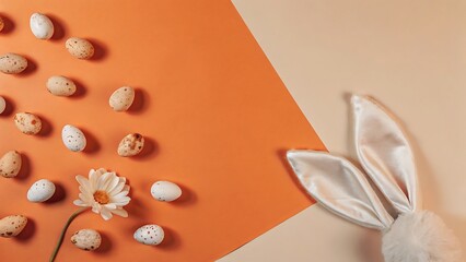 Easter eggs, bunny ears, and daisy; minimalist flat lay, pastel orange and beige background, spring mood.
