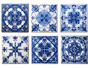 Angled View of Blue & White Vintage Porcelain Tile Set with Ornamental Designs, Isolated PNG