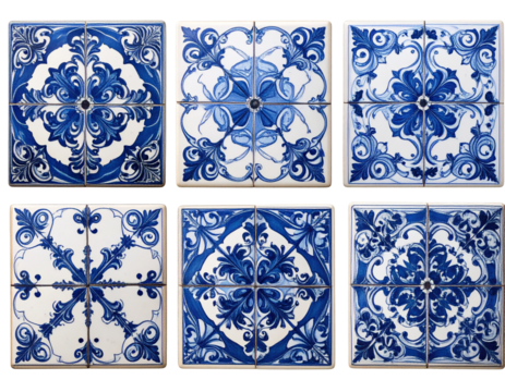 Angled View of Blue & White Vintage Porcelain Tile Set with Ornamental Designs, Isolated PNG