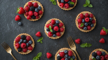 Delicious berry tartlets with raspberries blueberries blackberries mint on a black background