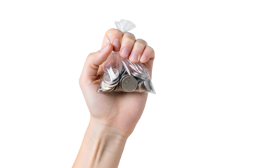 Hand holding bag of coins isolated clearly on transparent background
