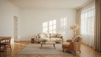 Modern living room interior design with neutral colors and natural light creating a cozy and elegant atmosphere