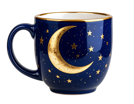 Boho Celestial Mug with Crescent Moon and Gold Stars, front view, isolated PNG