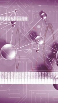Animation of interconnected spheres over circuit board in school, purple tones