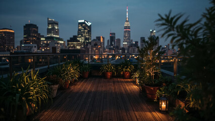 Nighttime rooftop garden overlooking new york city skyline