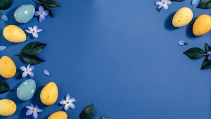Easter eggs, blue background, spring flowers, flat lay, pastel colors, festive, minimalist design, holiday greeting card.