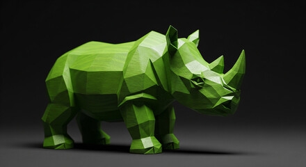 Bright Green Polygonal Rhino Wood Sculpture on Isolated Background