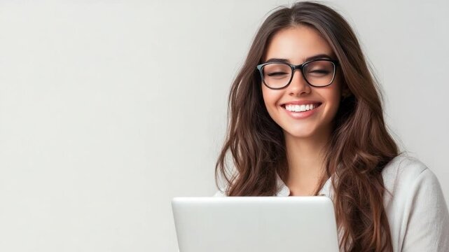 Contented Computing: A woman with glasses beams as she engages with her laptop. Capturing the blend of comfort and productivity, revealing the contentment of modern work.