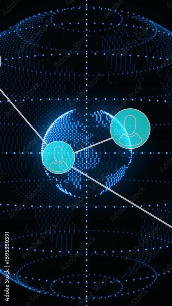 Poster animation of digital globe with user icons showing global network communication
