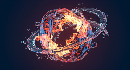 Creative Abstract Composition of Flames and Water Flow with Vivid Lighting and Motion