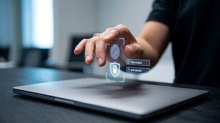Person interacting with holographic security icons above a laptop