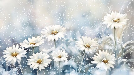 Vibrant White Daisies Blanketed in Glistening Snowflakes   Serene Winter Landscape Painting