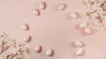 Pastel Pink Easter Eggs and Magnolia Blossoms: Spring Festive Flatlay