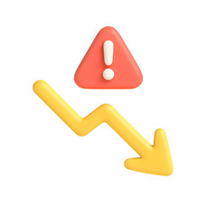 3d arrow down with alert icon isolated on transparent background. warning or decline concept