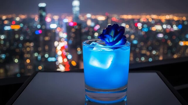A vibrant blue cocktail garnished with a butterfly pea flower sits on a table against a city skyline at night. The lights of the city create a colorful backdrop.