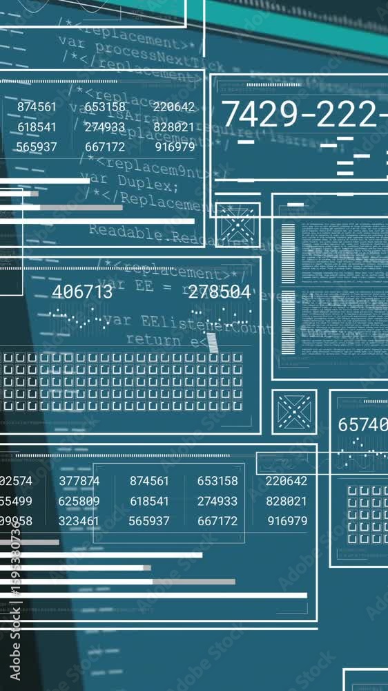 Poster Animation of digital data and coding interface with numbers on blue background